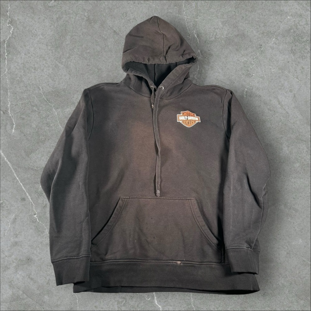 Harley Davidson Hoodie‎ Mens Medium Black Y2K Shield Logo Double Sided Biker